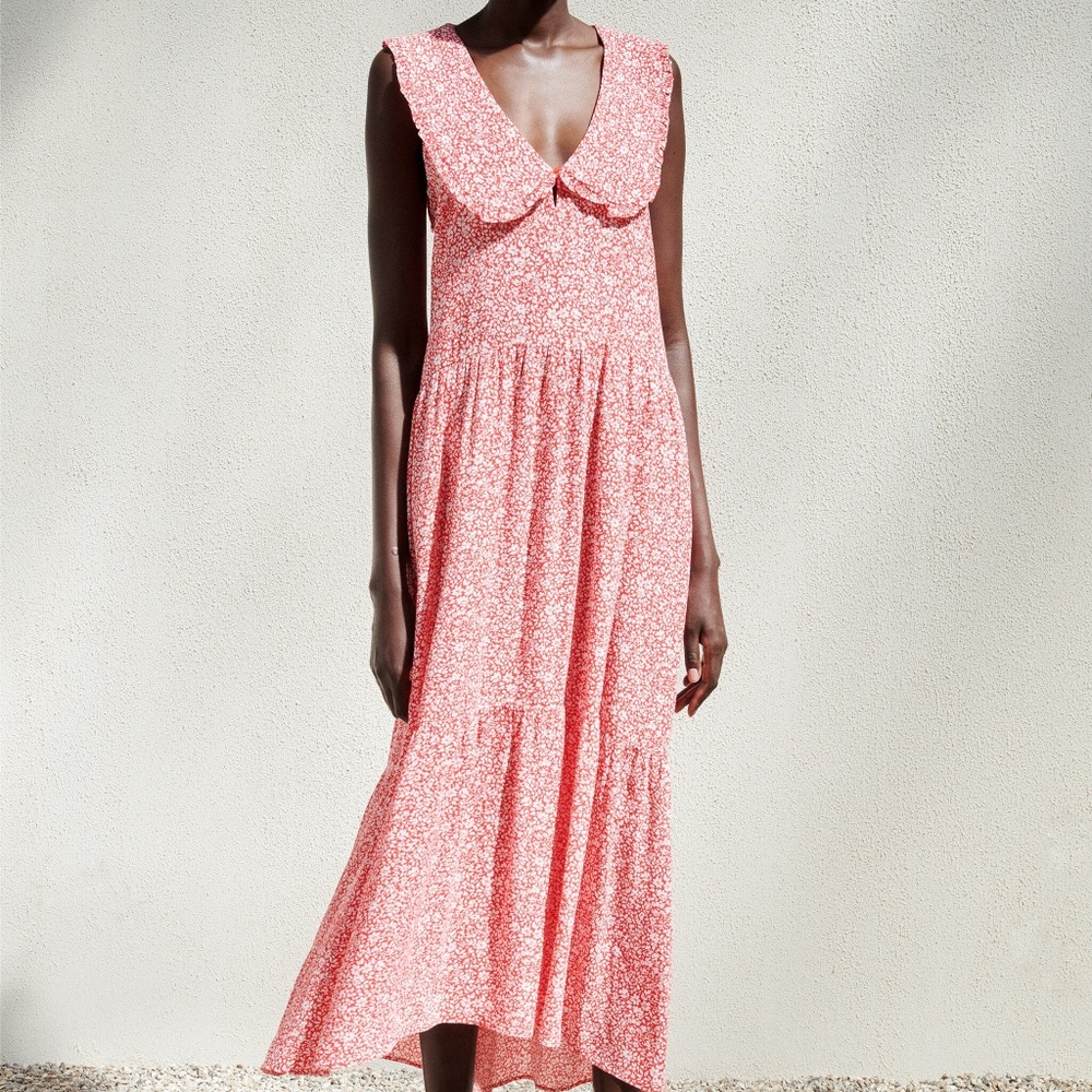 Zara RedWhite Peter Pan Collar Oversized Print Casual Midi Maxi Dress NWT Sz XS